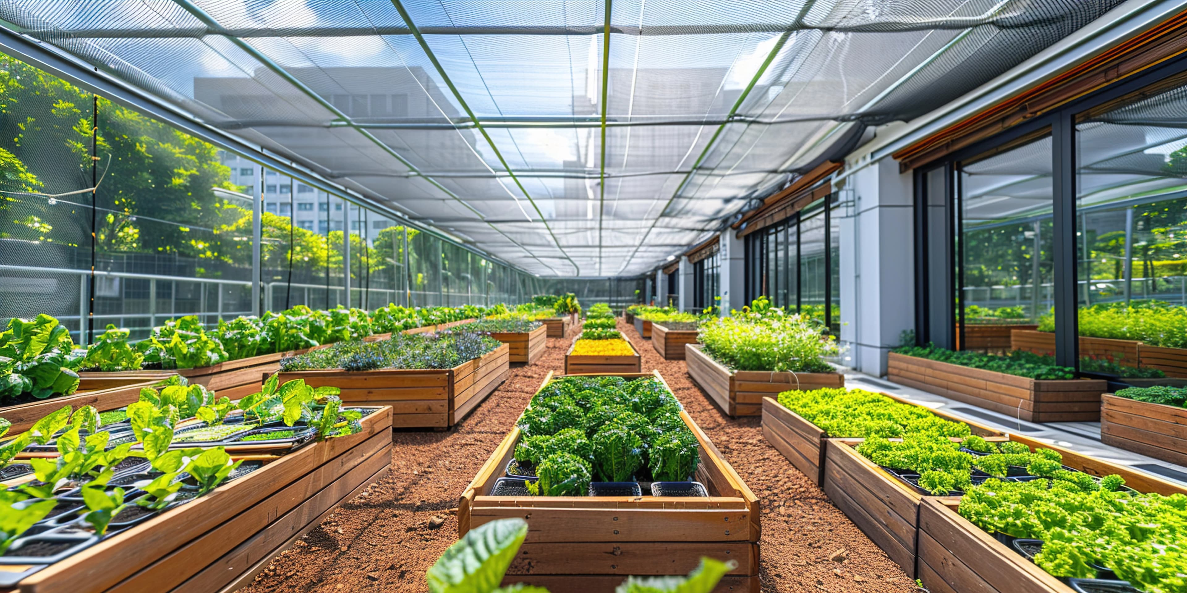 Rows of raised garden beds growing leafy greens inside a bright urban greenhouse.