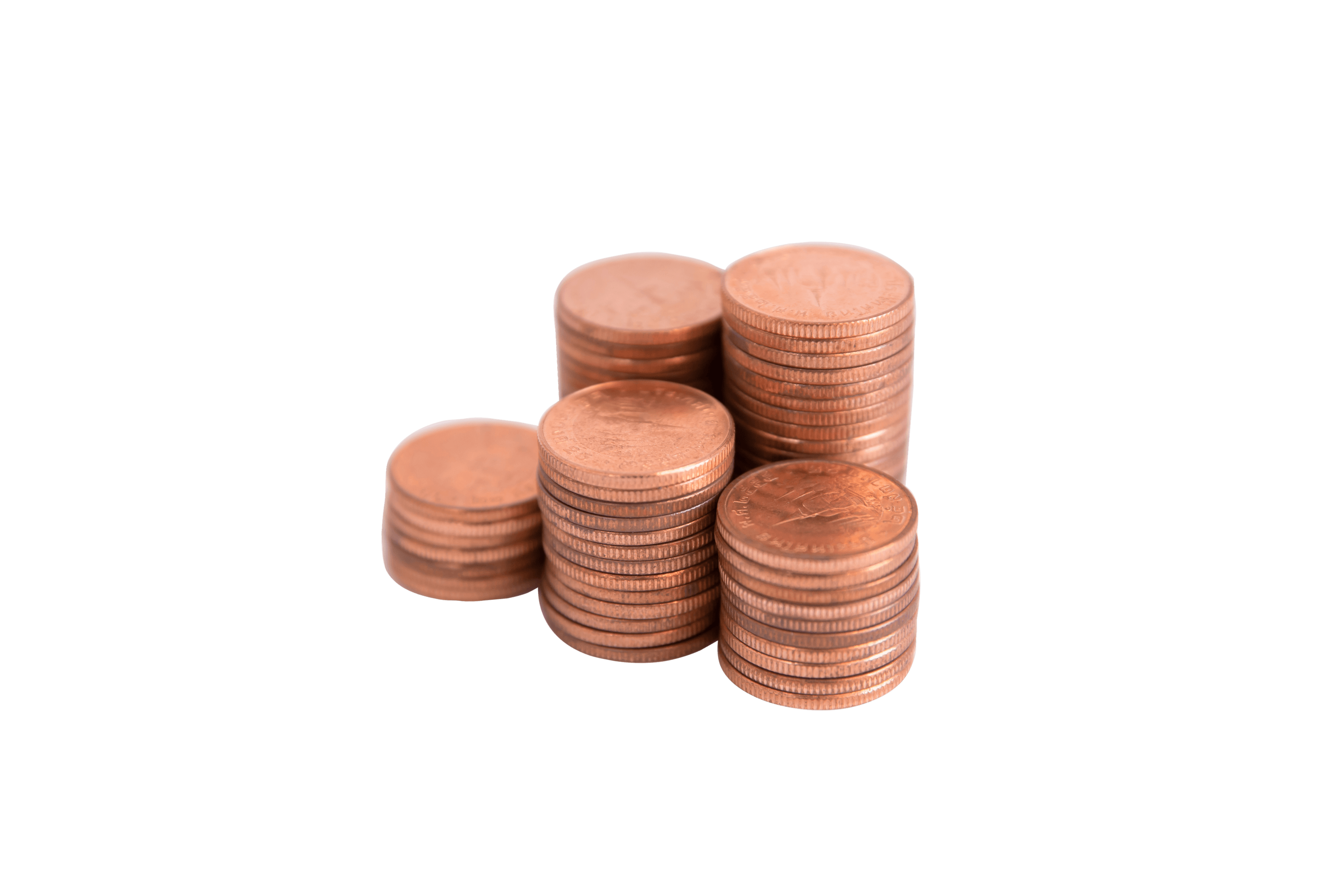 Five stacks of copper coins arranged from short to tall.