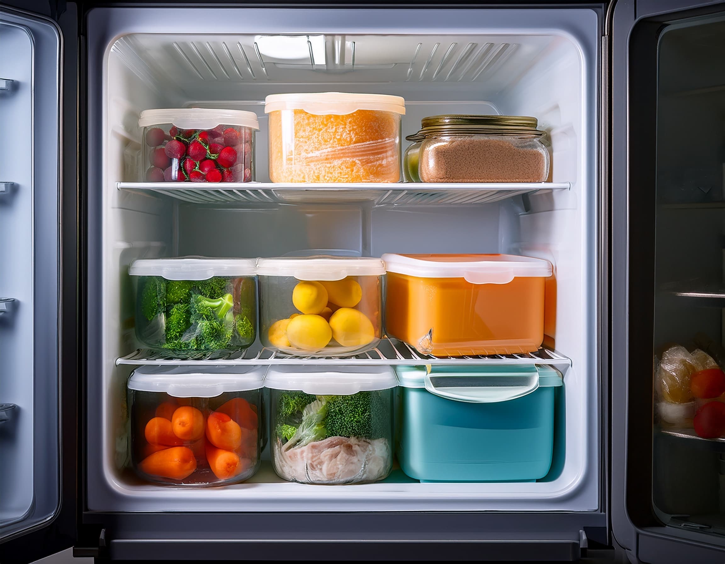 A refrigerator stocked with neatly organized containers of fresh vegetables, fruit, and prepared meals.