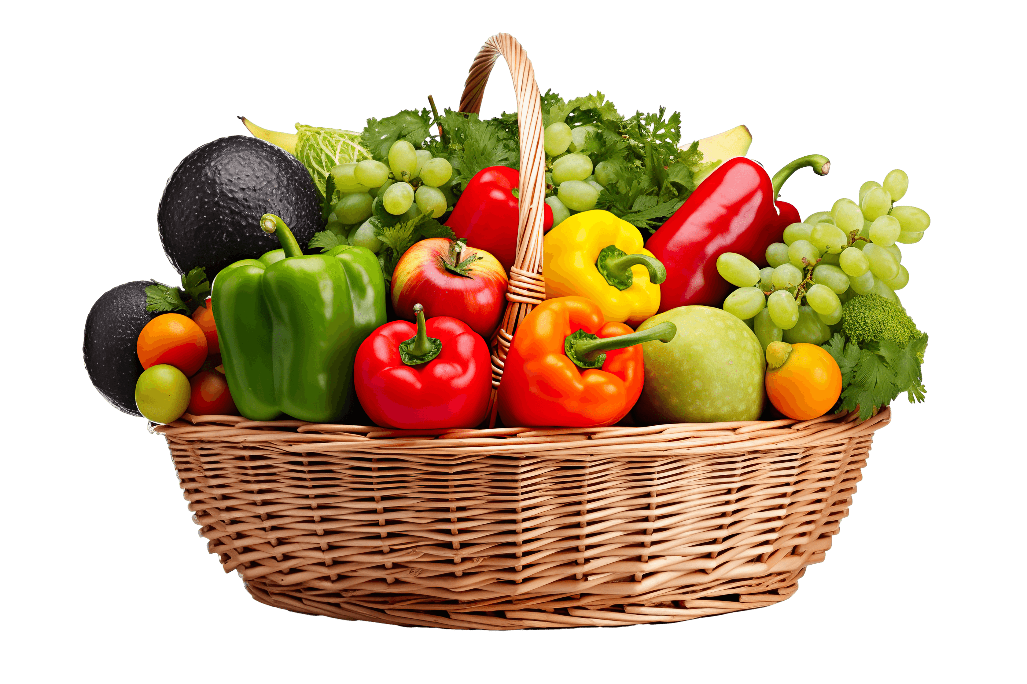 A wicker basket overflowing with fresh produce โ bell peppers, grapes, apples, avocados, and leafy greens.